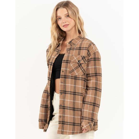 Fivestar General Flannel Jacket Shacket Women XS Plaid BROWN Retro Cozy Winter - Picture 13 of 14